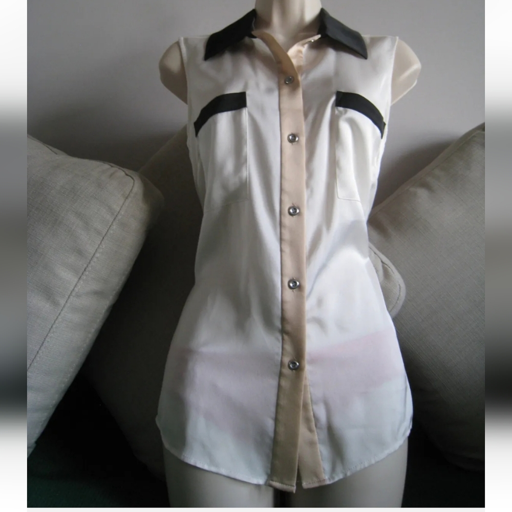 Jones Studio Color Block Tan Black and Off white Sleeveless Office Top sz 6